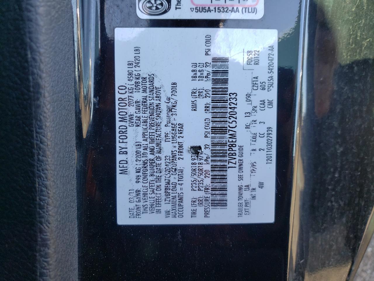 1ZVBP8EM7C5204233 2012 Ford Mustang