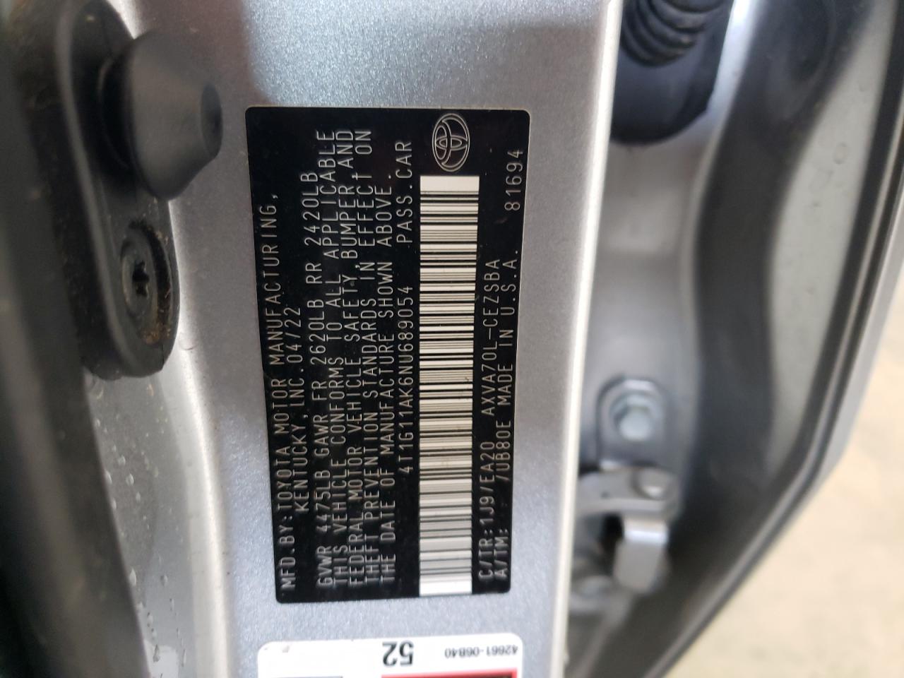 4T1G11AK6NU689054 TOYOTA CAMRY 2022