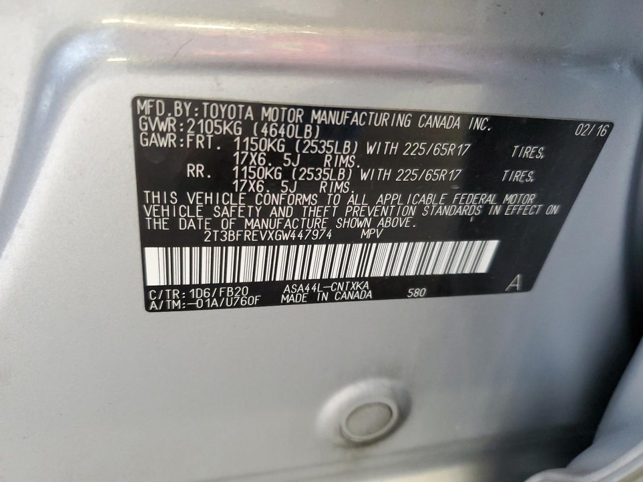 2T3BFREVXGW447974 TOYOTA RAV4 2016