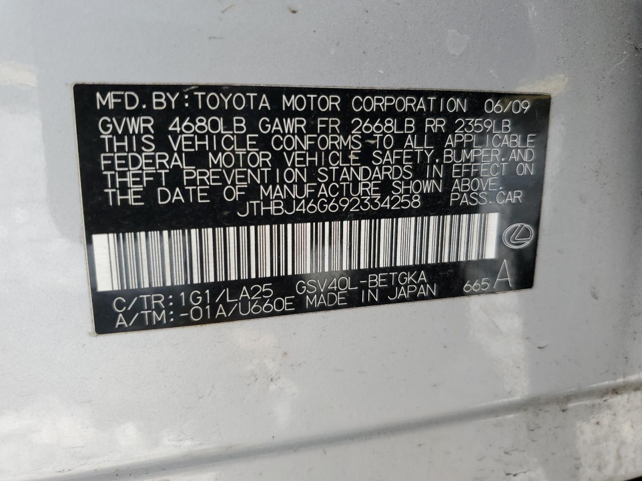 JTHBJ46G692334258 2009 Lexus Es 350