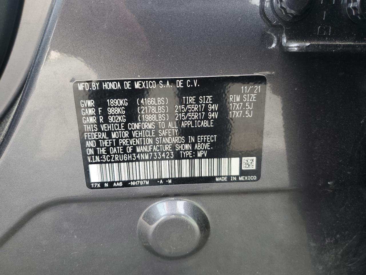 3CZRU6H34NM733423 2022 Honda Hr-V Lx