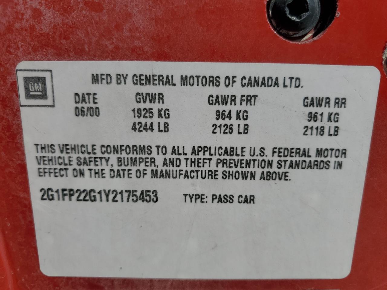 2G1FP22G1Y2175453 2000 Chevrolet Camaro Z28