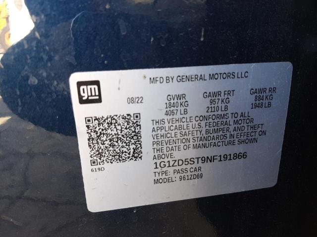 2022 Chevrolet Malibu Lt VIN: 1G1ZD5ST9NF191866 Lot: 61169484