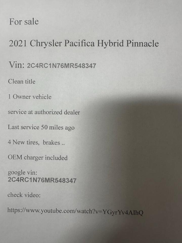 2021 Chrysler Pacifica Hybrid Pinnacle vin: 2C4RC1N76MR548347