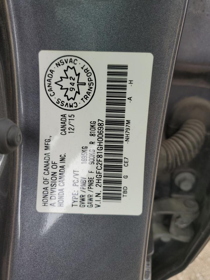 2HGFC2F81GH006987 2016 Honda Civic Ex