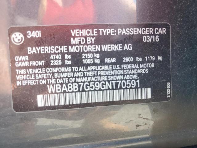 2016 BMW 340 Xi VIN: WBA8B7G59GNT70591 Lot: 57042254