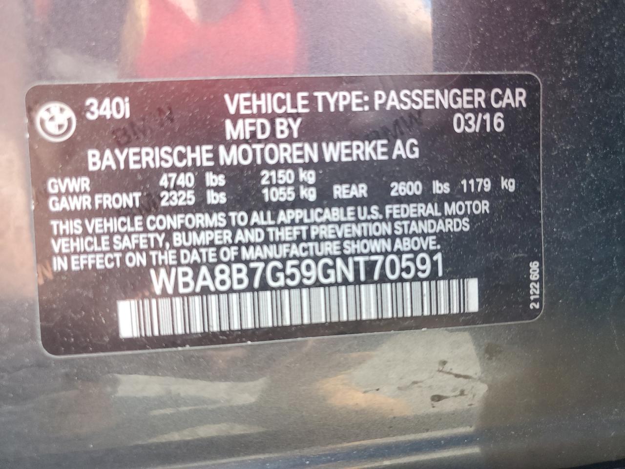 WBA8B7G59GNT70591 2016 BMW 340 Xi