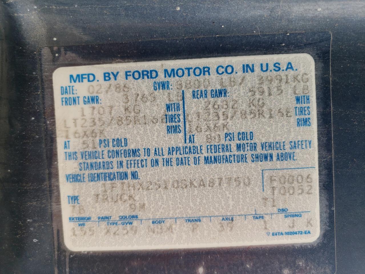 1FTHX2510GKA87750 1986 Ford F250