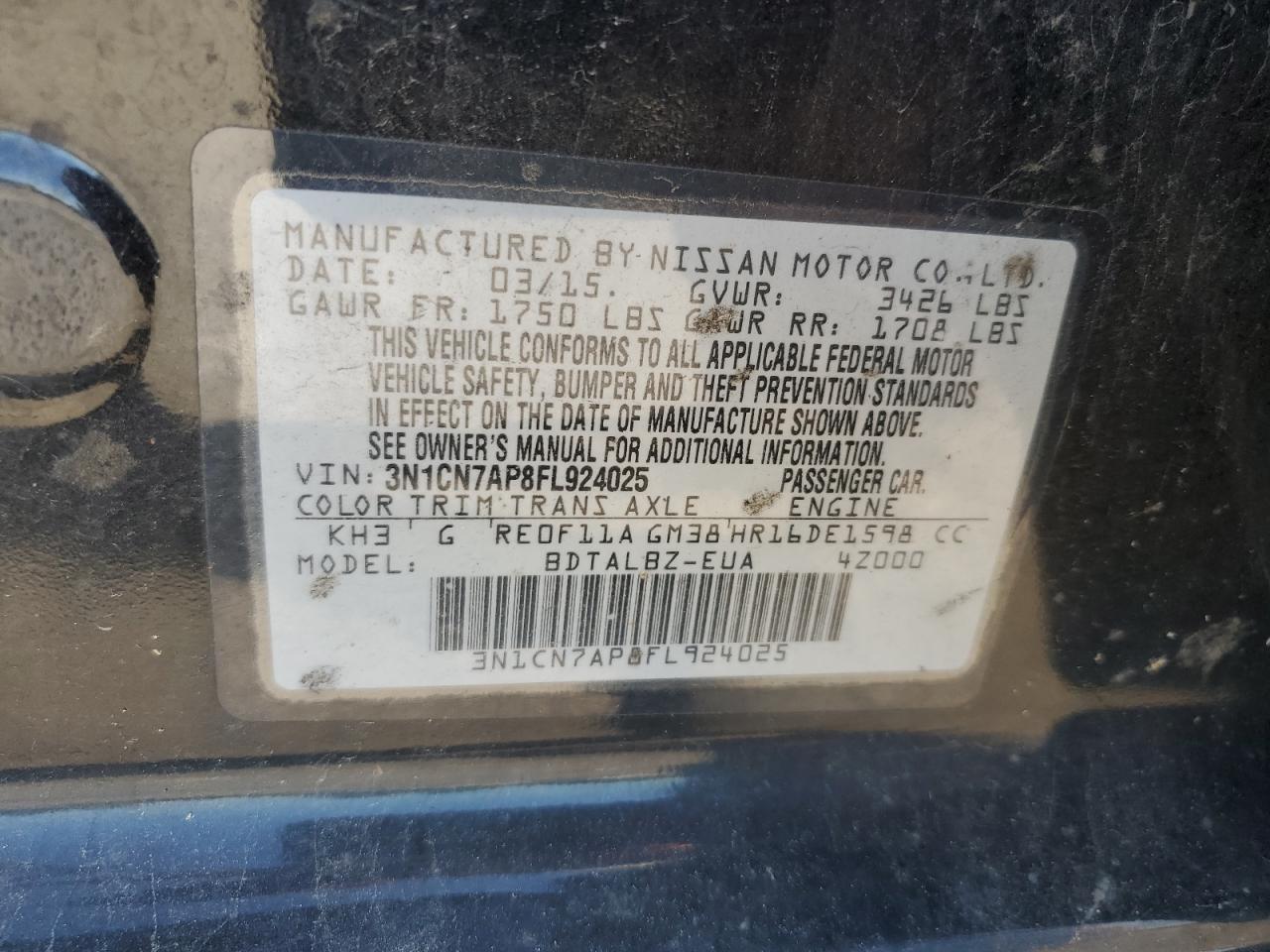3N1CN7AP8FL924025 2015 Nissan Versa S
