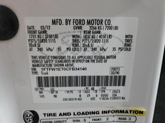 2012 Ford F150 Supercrew VIN: 1FTFW1ET0CFB34140 Lot: 60946124