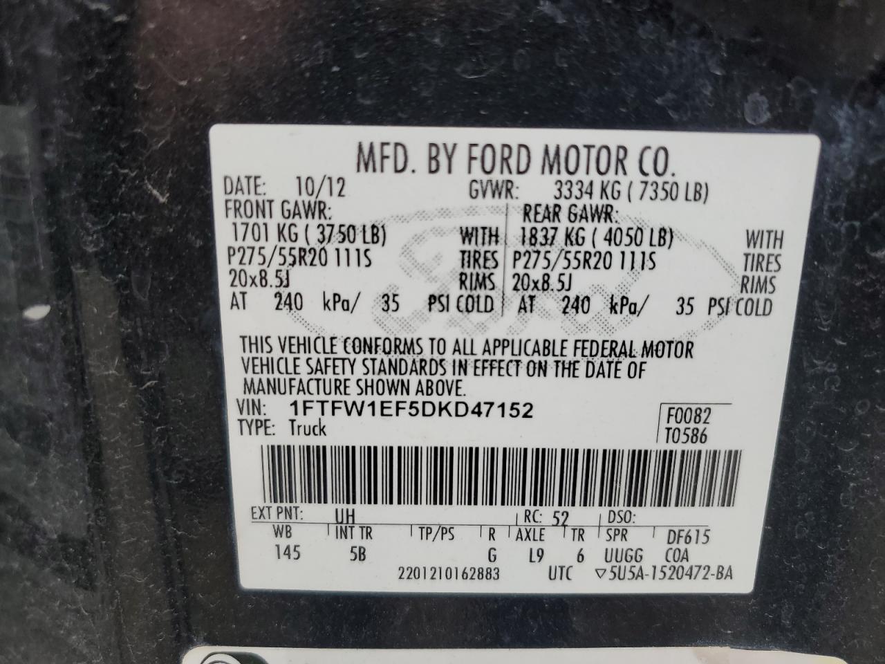 1FTFW1EF5DKD47152 2013 Ford F150 Supercrew