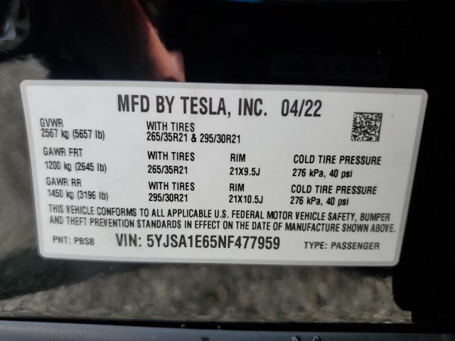 2022 Tesla Model S VIN: 5YJSA1E65NF477959 Lot: 60533614