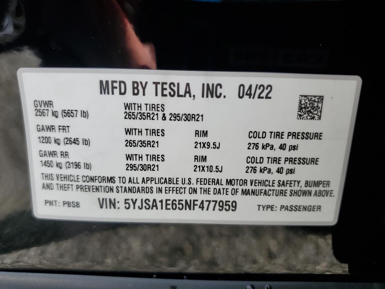 5YJSA1E65NF477959 2022 Tesla Model S