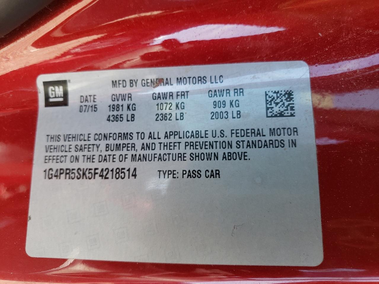 1G4PR5SK5F4218514 2015 Buick Verano Convenience