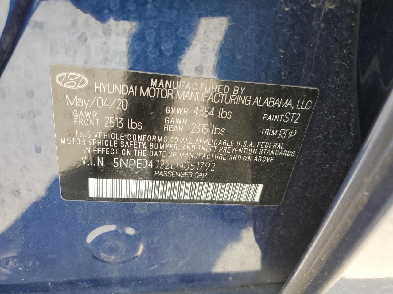 5NPEJ4J22LH051792 2020 Hyundai Sonata Sel Plus