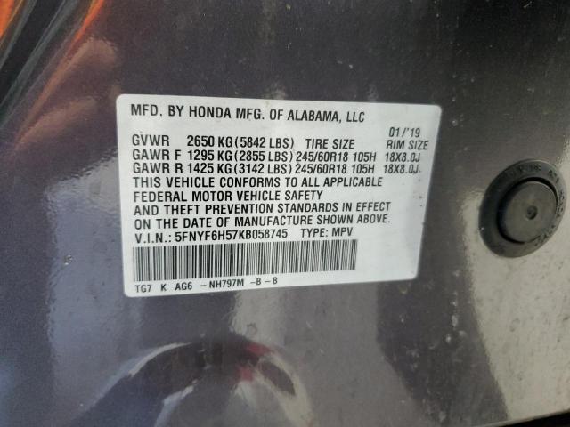 2019 Honda Pilot Exl VIN: 5FNYF6H57KB058745 Lot: 60216494