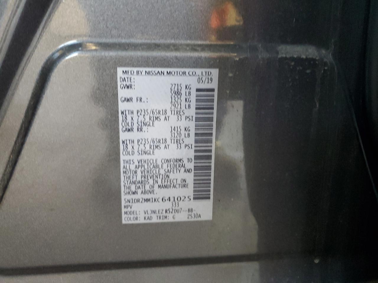 5N1DR2MM1KC641025 2019 Nissan Pathfinder S