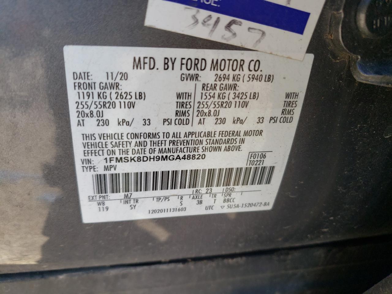 1FMSK8DH9MGA48820 2021 Ford Explorer Xlt