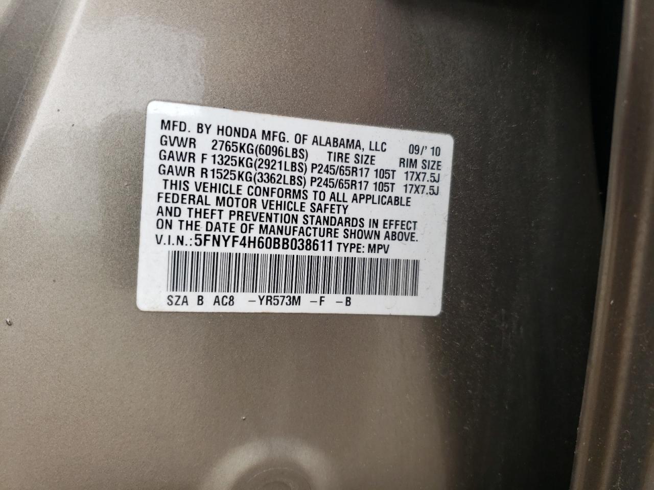 5FNYF4H60BB038611 2011 Honda Pilot Exl