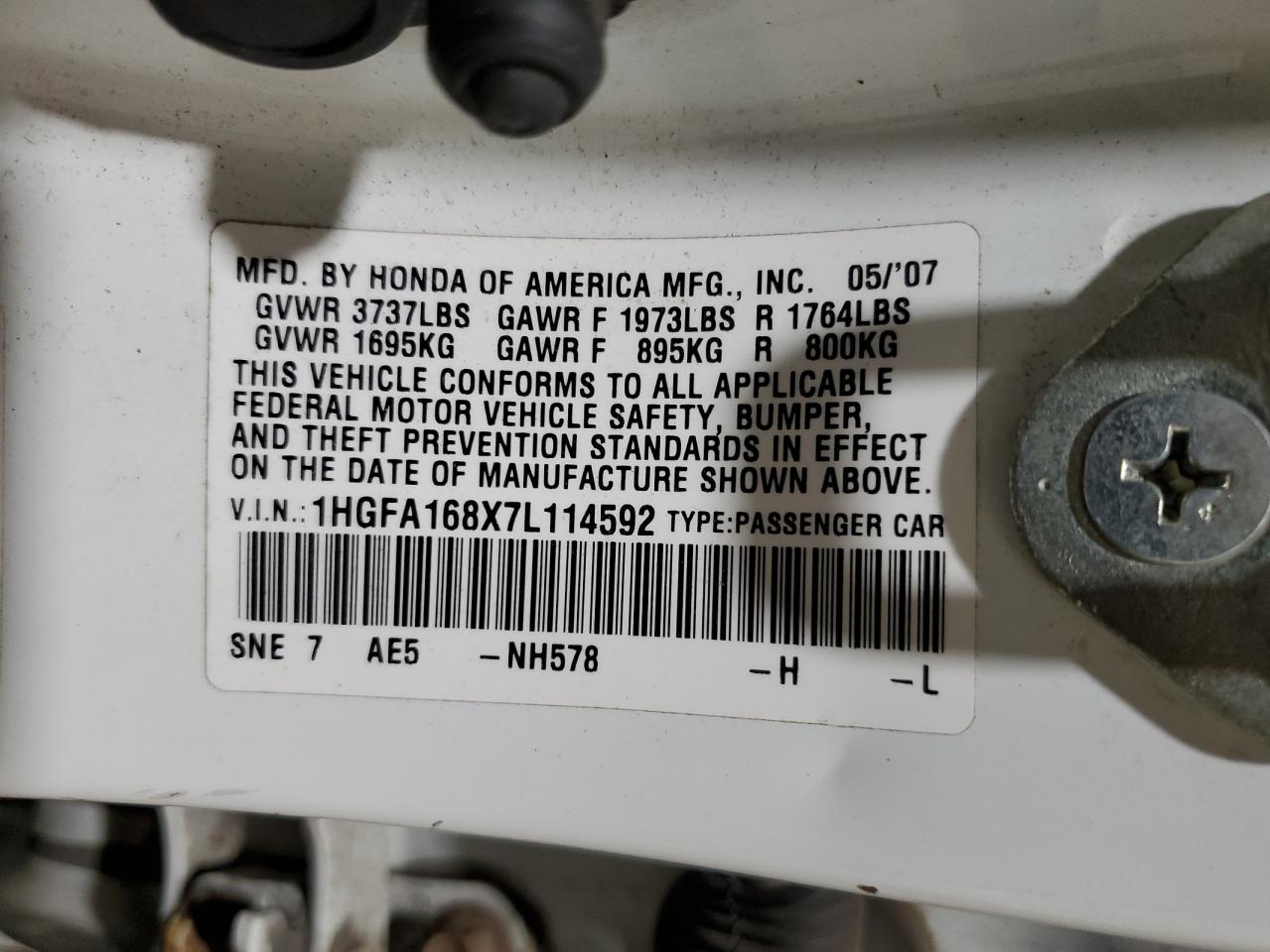 1HGFA168X7L114592 2007 Honda Civic Ex