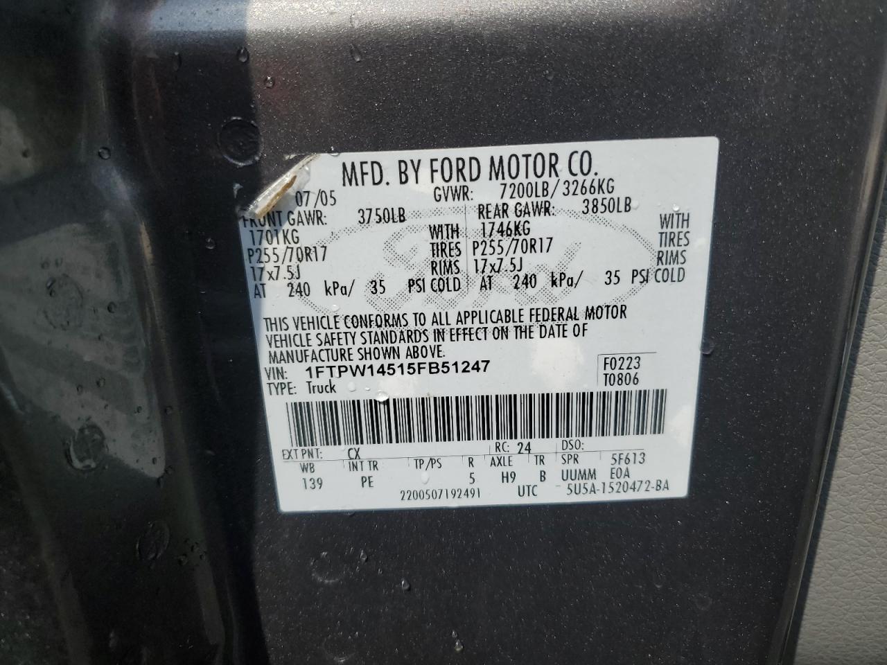 1FTPW14515FB51247 2005 Ford F150 Supercrew