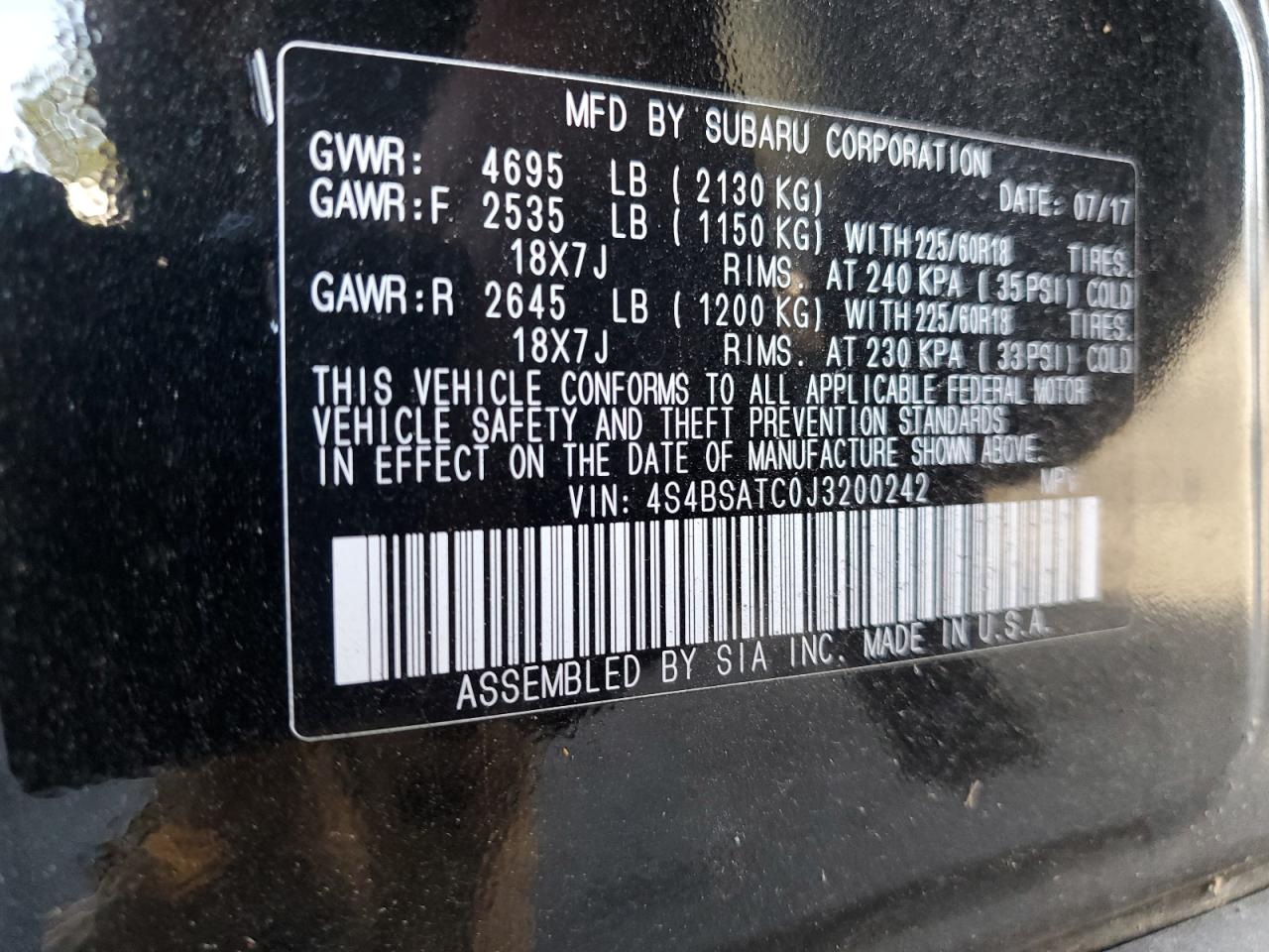 4S4BSATC0J3200242 2018 Subaru Outback Touring