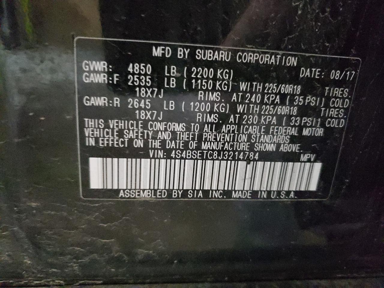 4S4BSETC8J3214784 2018 Subaru Outback Touring