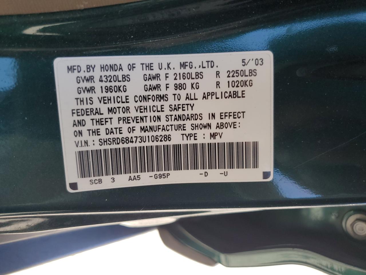 SHSRD68473U106286 2003 Honda Cr-V Lx