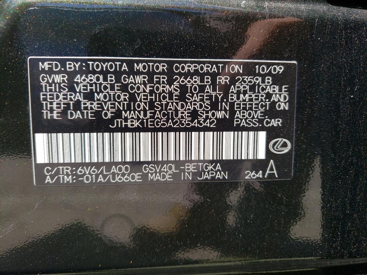 JTHBK1EG5A2354342 2010 Lexus Es 350