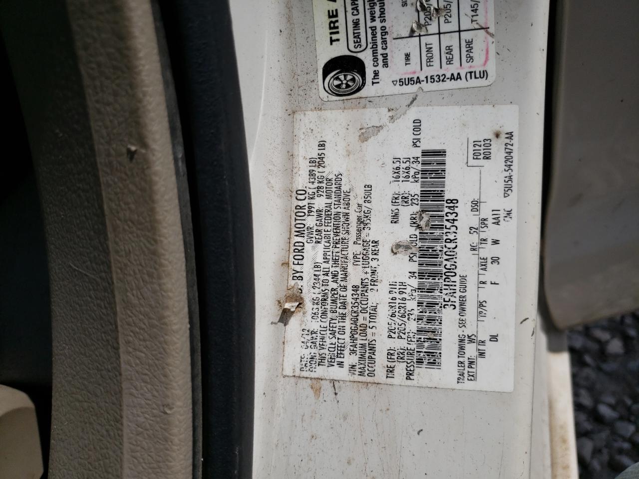 3FAHP0GA0CR354348 2012 Ford Fusion S