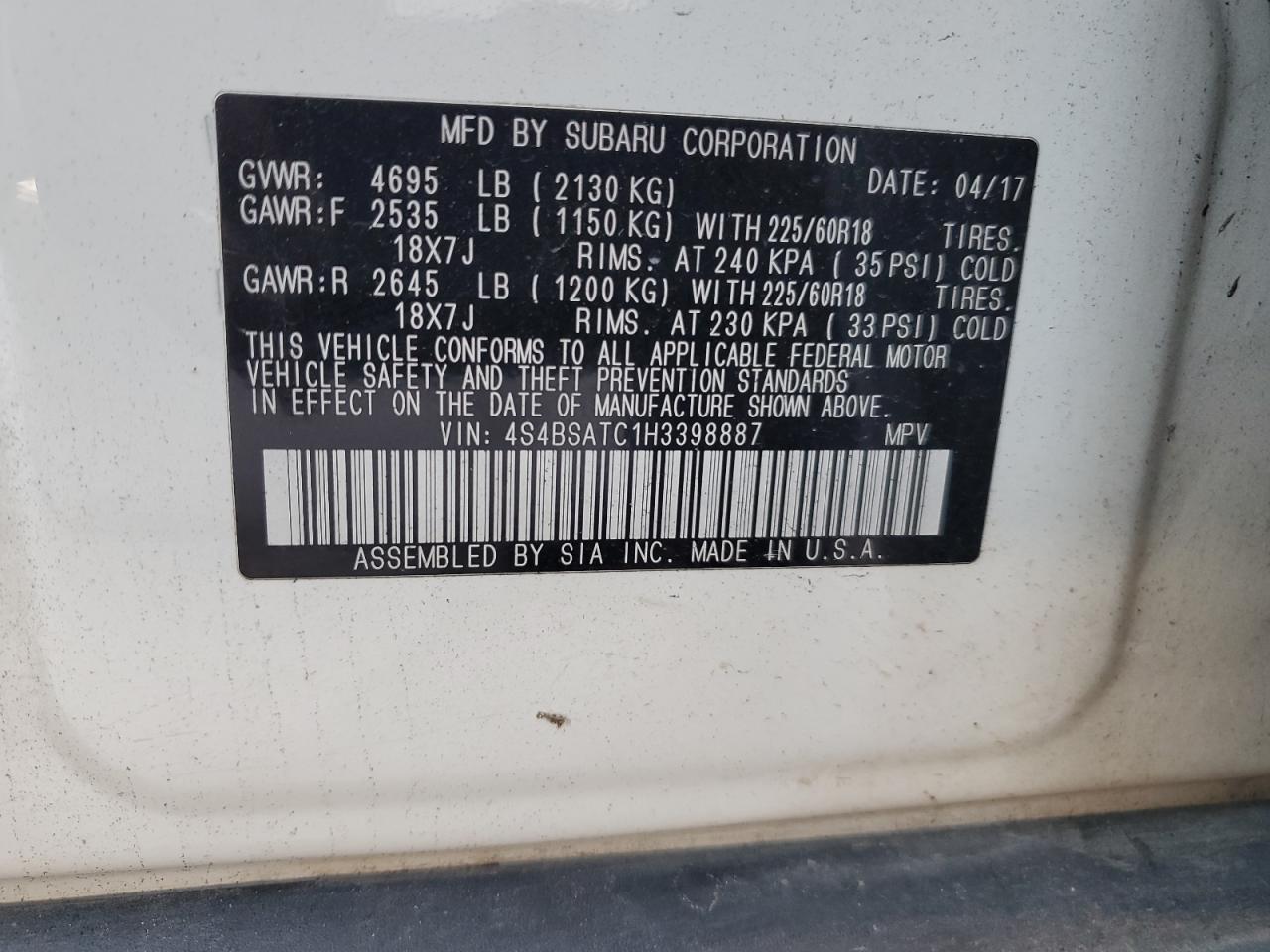 4S4BSATC1H3398887 2017 Subaru Outback Touring