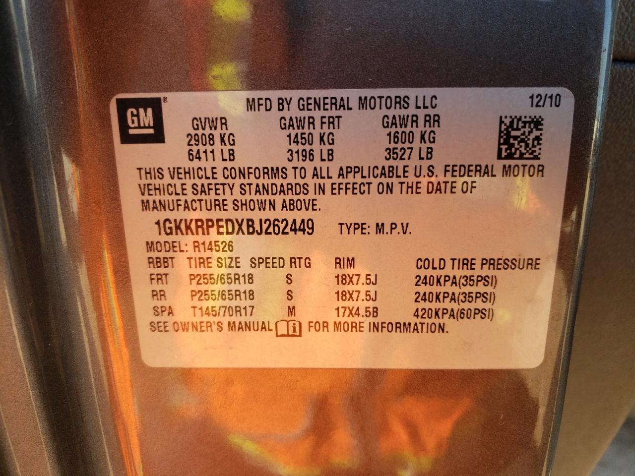 1GKKRPEDXBJ262449 2011 GMC Acadia Sle