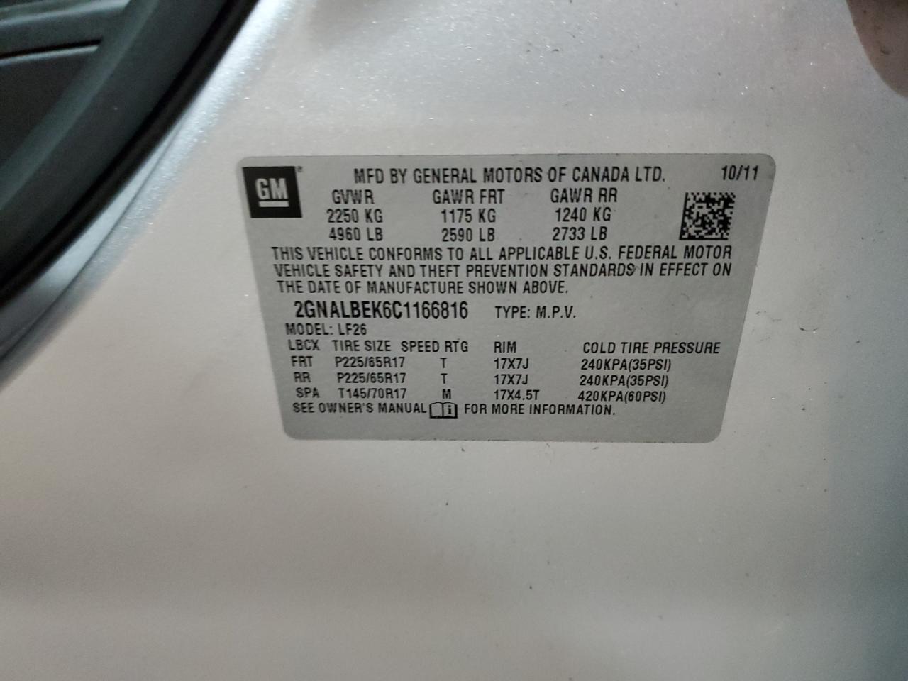 2GNALBEK6C1166816 2012 Chevrolet Equinox Ls