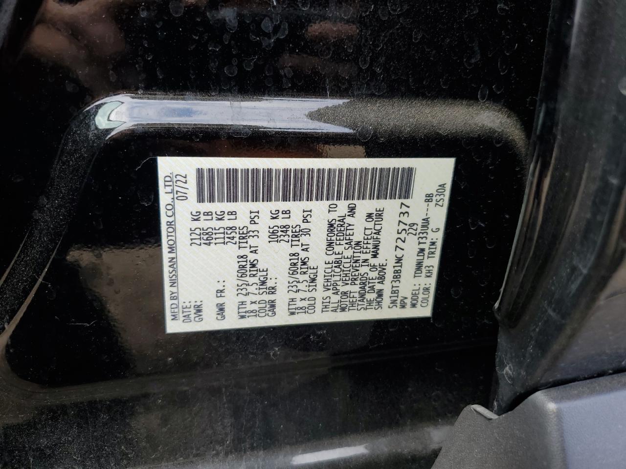 5N1BT3BB1NC725737 2022 Nissan Rogue Sv