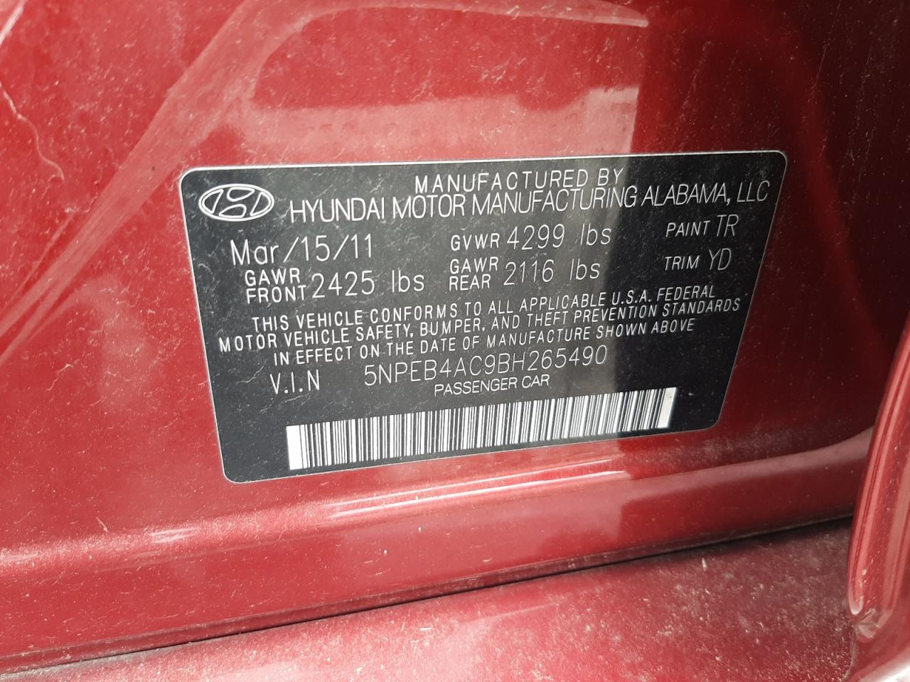 5NPEB4AC9BH265490 2011 Hyundai Sonata Gls