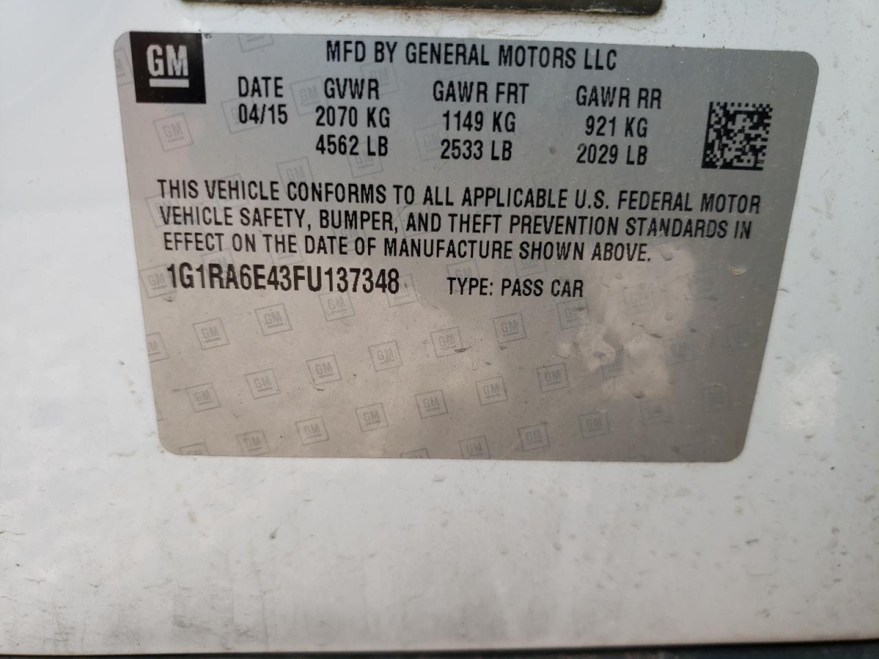 1G1RA6E43FU137348 2015 Chevrolet Volt