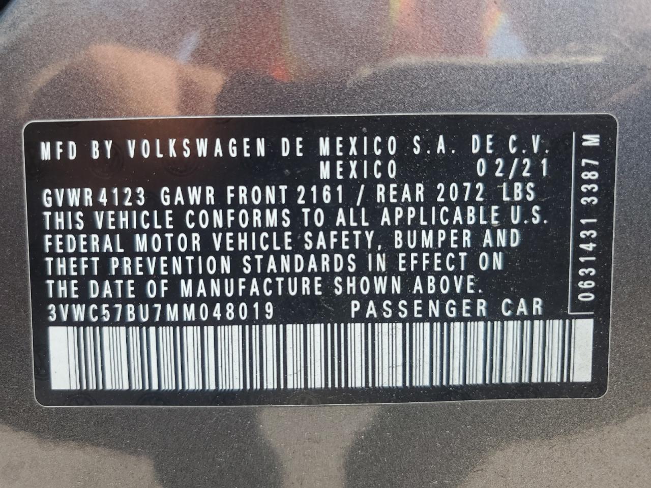 3VWC57BU7MM048019 2021 Volkswagen Jetta S