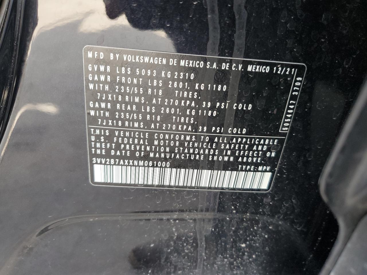 3VV2B7AXXNM061000 2022 Volkswagen Tiguan Se