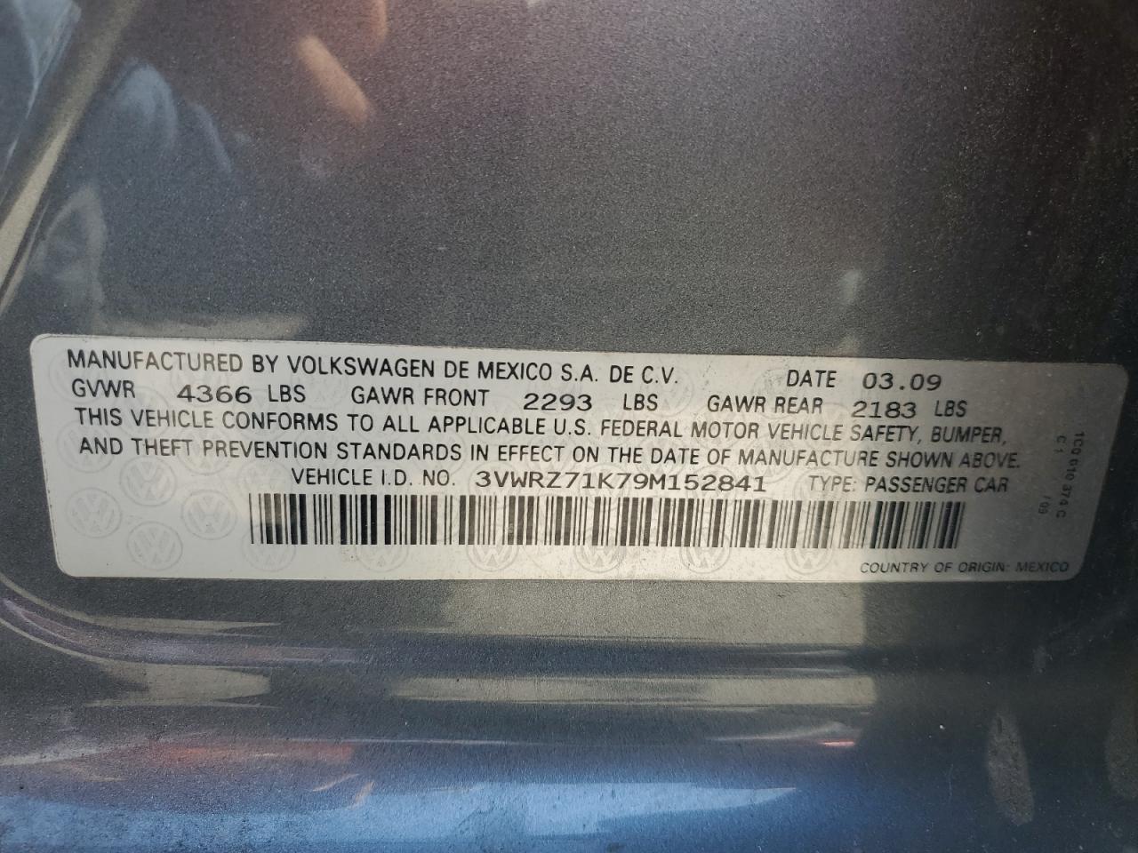 3VWRZ71K79M152841 2009 Volkswagen Jetta Se