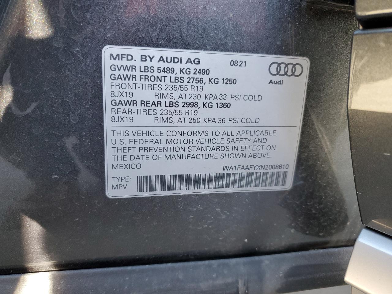 WA1FAAFYXN2008610 2022 Audi Q5 Prestige 45