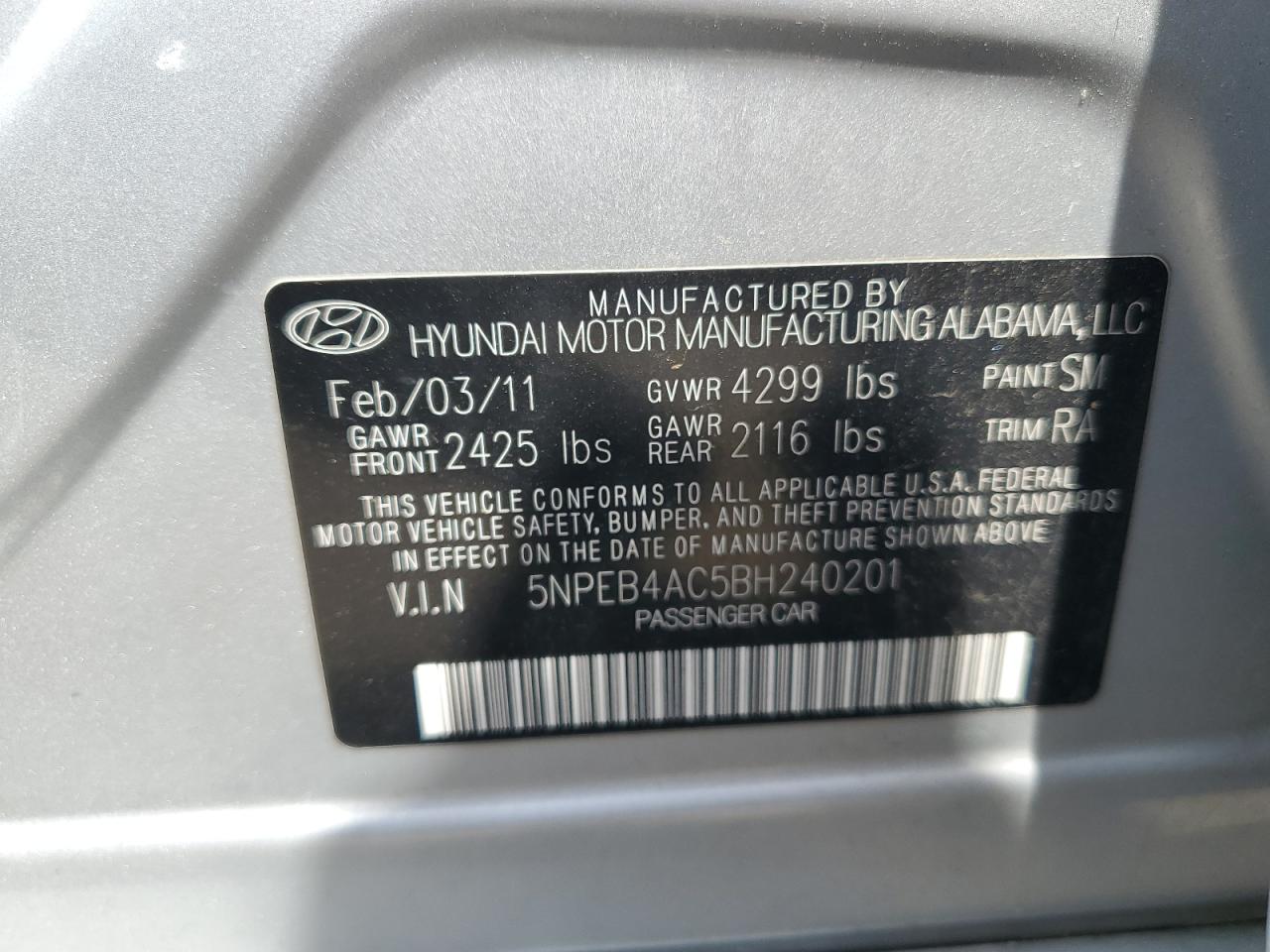 5NPEB4AC5BH240201 2011 Hyundai Sonata Gls