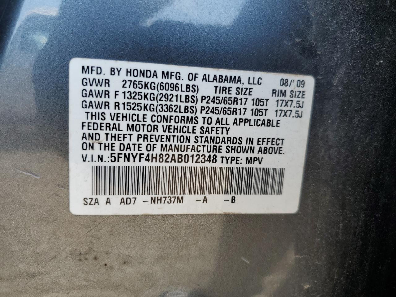 5FNYF4H82AB012348 2010 Honda Pilot Touring