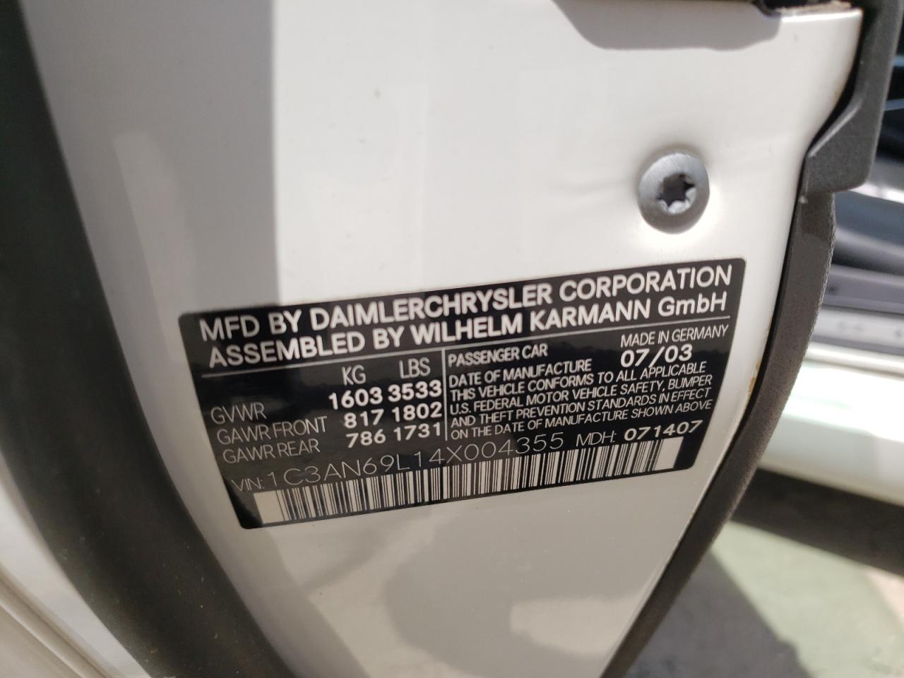 1C3AN69L14X004355 2004 Chrysler Crossfire Limited