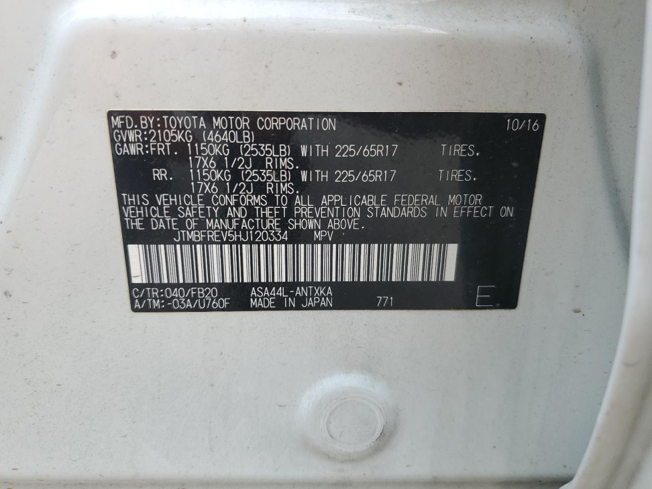 JTMBFREV5HJ120334 2017 Toyota Rav4 Le