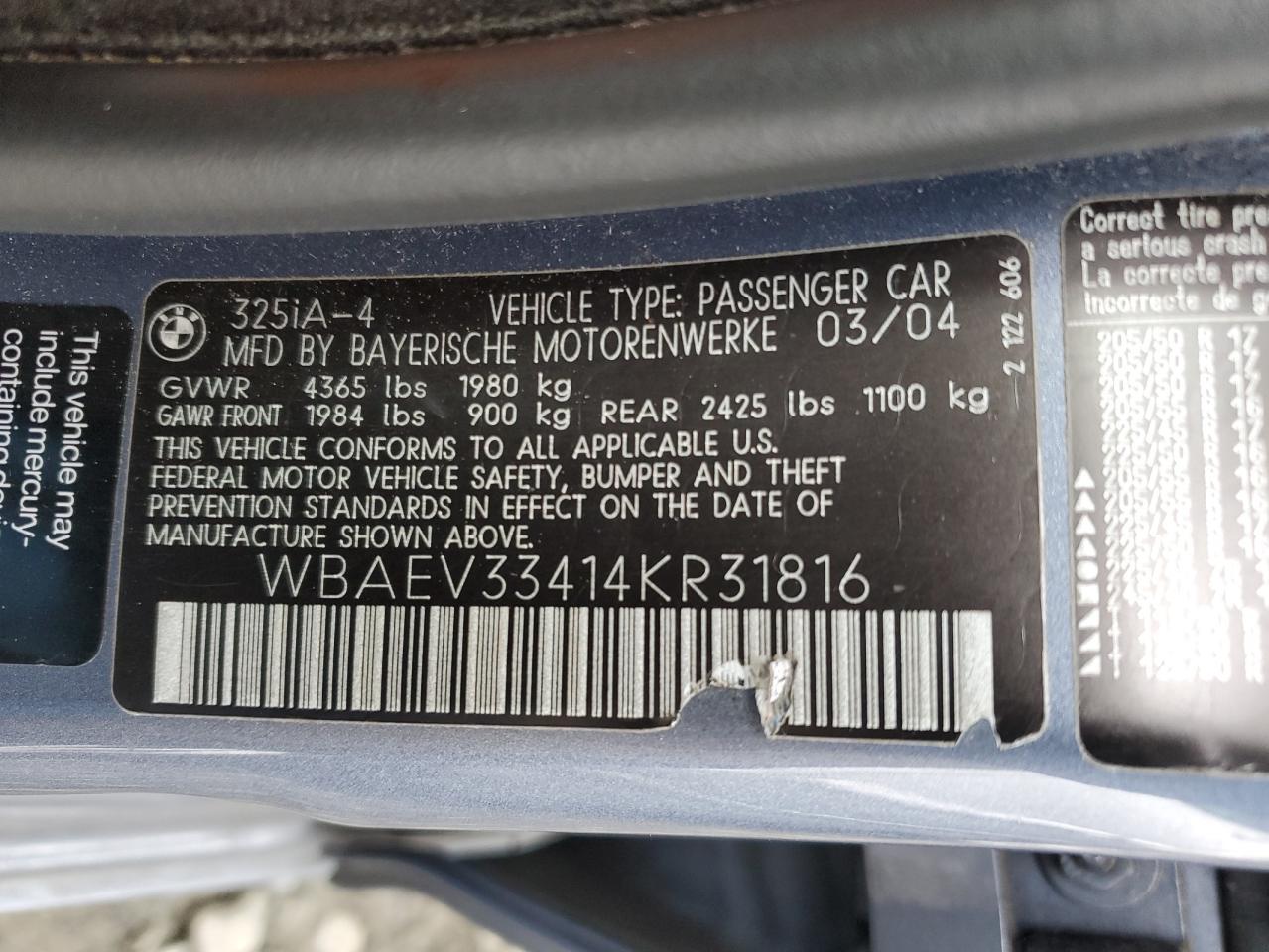 WBAEV33414KR31816 2004 BMW 325 I