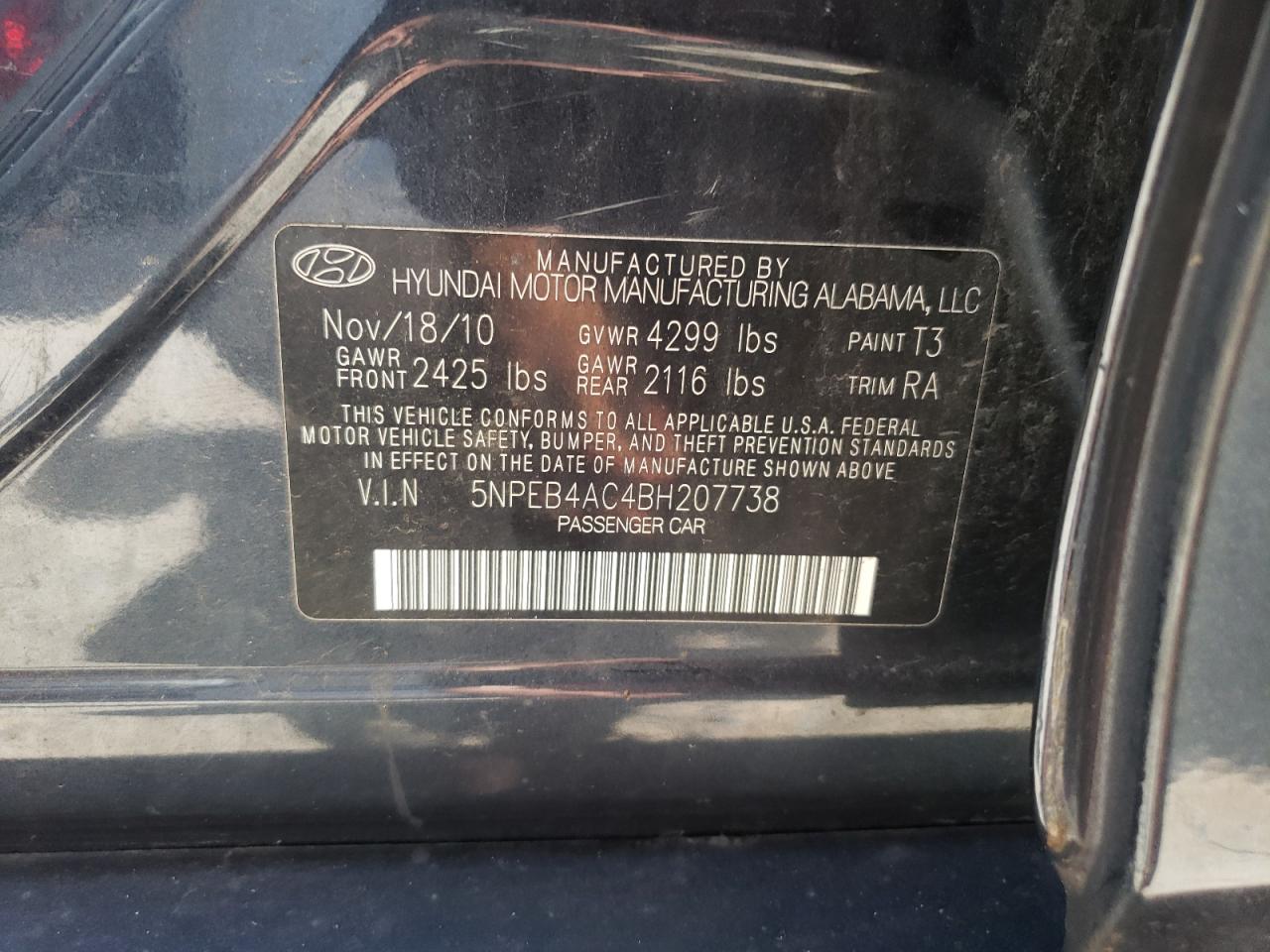 5NPEB4AC4BH207738 2011 Hyundai Sonata Gls