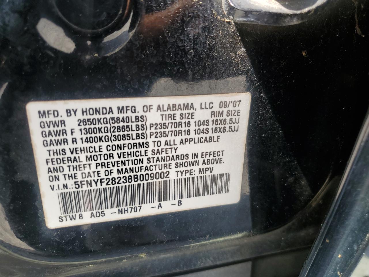 5FNYF28238B009002 2008 Honda Pilot Vp