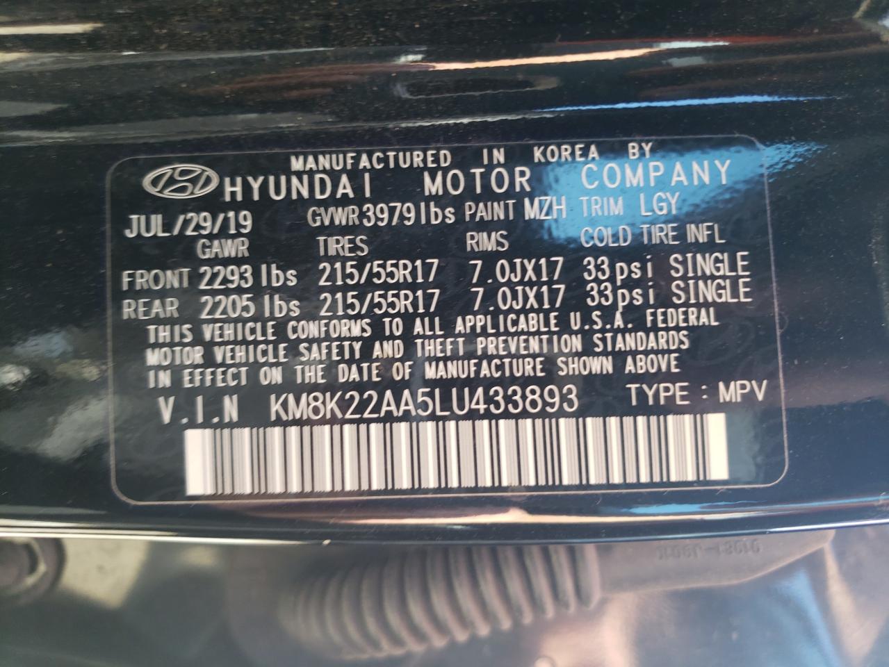 KM8K22AA5LU433893 2020 Hyundai Kona Sel