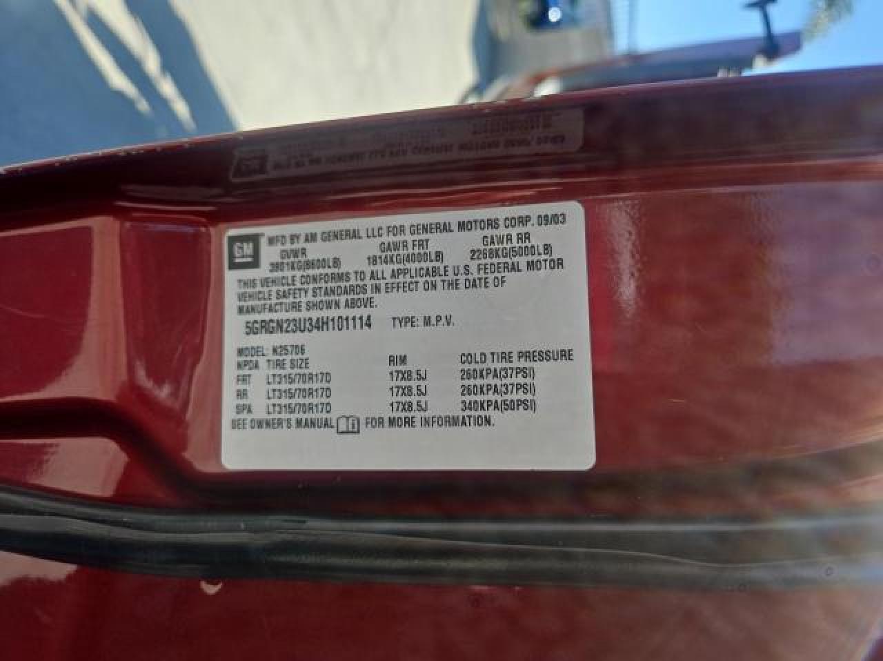 5GRGN23U34H101114 2004 Hummer H2