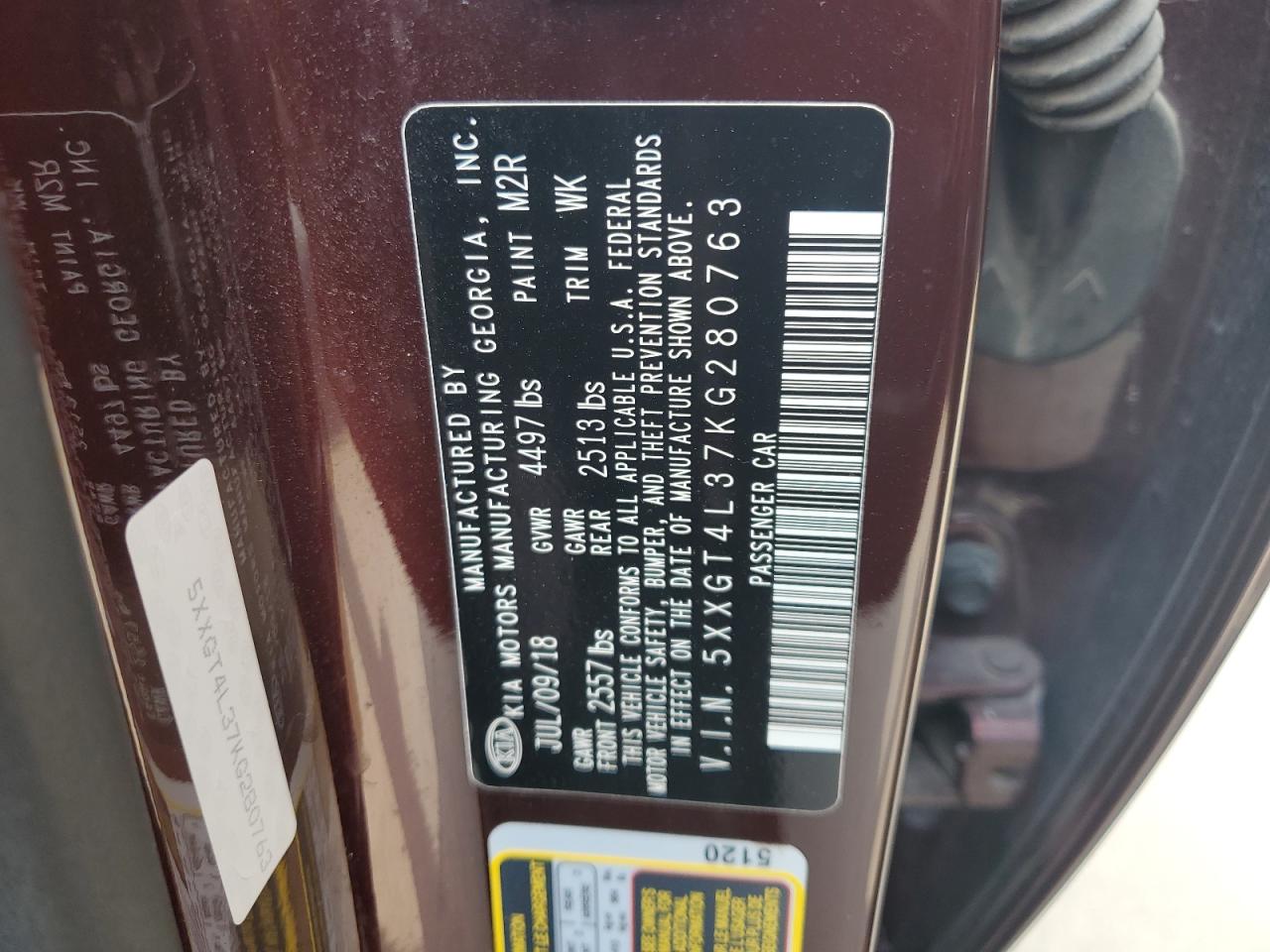 5XXGT4L37KG280763 2019 Kia Optima Lx